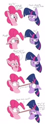 Size: 1280x3520 | Tagged: safe, artist:rocket-lawnchair, pinkie pie, twilight sparkle, earth pony, pony, unicorn, g4, caption, comic, horn, horn licking, hornjob, licking, long tongue, tongue out