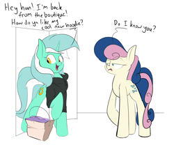 Size: 2400x2000 | Tagged: safe, artist:rocket-lawnchair, bon bon, lyra heartstrings, sweetie drops, earth pony, pony, unicorn, fanfic:background pony, g4, bon bon is not amused, caption, clothes, dig the swell hoodie, female, high res, hoodie, unamused