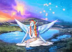 Size: 900x654 | Tagged: safe, artist:ladykraken, rainbow dash, human, g4, aquarius, clothes, constellation, dress, elf ears, female, humanized, pony coloring, solo, water, winged humanization, wings