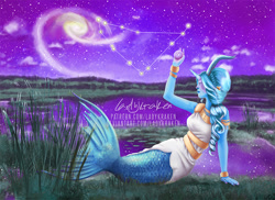 Size: 900x654 | Tagged: safe, artist:ladykraken, trixie, mermaid, g4, ball, capricorn, constellation, female, horn, horned humanization, humanized, night, pony coloring, solo