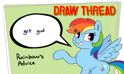 Size: 2009x1217 | Tagged: safe, artist:heretichesh, rainbow dash, pegasus, pony, g4, /mlp/, advice, drawthread, eye clipping through hair, female, five nights at fuckboy's, git gud, my little fucking pony, raised hoof, requested art, solo, speech bubble, talking to viewer, trolling