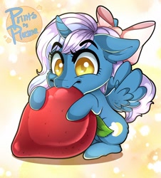 Size: 1280x1415 | Tagged: safe, artist:plumaelegante, oc, oc only, oc:fleurbelle, alicorn, pony, g4, adorabelle, alicorn oc, bow, chibi, eating, female, food, hair bow, herbivore, horn, mare, solo, strawberry, wingding eyes, wings, yellow eyes