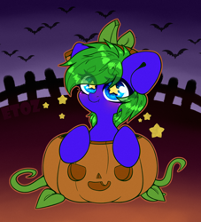 Size: 2000x2200 | Tagged: safe, artist:etoz, oc, oc only, oc:aquagrass, bat, blushing, chibi, commission, cute, female, halloween, high res, holiday, mare, pumpkin, smiling, starry eyes, stars, wingding eyes, ych result