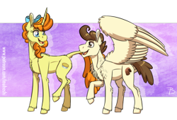 Size: 1600x1086 | Tagged: safe, artist:inuhoshi-to-darkpen, pound cake, pumpkin cake, pegasus, pony, unicorn, g4, abstract background, alternate universe, brother and sister, cake twins, chest fluff, ear fluff, female, hoof fluff, leonine tail, male, older, older pound cake, older pumpkin cake, open mouth, siblings, simple background, transparent background, twins, wing fluff