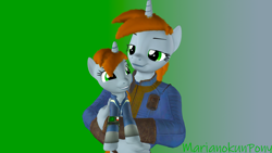 Size: 1920x1080 | Tagged: safe, artist:marianokun, oc, oc:littlepip, pony, unicorn, anthro, fallout equestria, 3d, anthro oc, anthro ponidox, anthro with ponies, clothes, female, gray background, green background, holding a pony, jumpsuit, looking at each other, mare, pipbuck, simple background, source filmmaker, vault suit