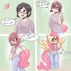 Size: 800x800 | Tagged: safe, artist:valeria_fills, fluttershy, butterfly, human, pegasus, pony, semi-anthro, g4, arm hooves, asking for help, black hair, clothes, female, glasses, help me, human to pony, jeans, magic, male, male to female, mare, pants, rule 63, shirt, solo, surprised, t-shirt, transformation, transgender transformation
