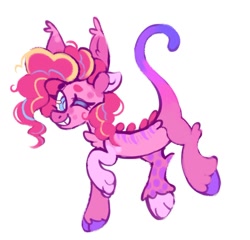 Size: 1388x1331 | Tagged: safe, artist:onionpwder, pinkie pie, draconequus, g4, alternate hairstyle, draconequified, female, grin, one eye closed, pinkonequus, raised hoof, raised leg, simple background, smiling, solo, species swap, white background, wink