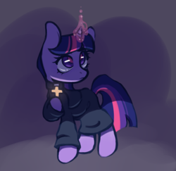 Size: 720x700 | Tagged: safe, artist:onionpwder, twilight sparkle, pony, unicorn, g4, airdorf games, christianity, clothes, cross, crossover, crucifix, faith, faith: the unholy trinity, female, glowing horn, hoof hold, horn, horror, indie game, magic, mare, multicolored mane, multicolored tail, new blood interactive, priest, purple eyes, purple fur, raised hoof, shirt, solo, tomboy, unicorn twilight, video game crossover