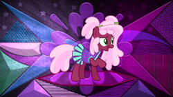 Size: 4096x2304 | Tagged: safe, artist:laszlvfx, artist:shootingstarsentry, edit, oc, oc only, oc:rose charm, earth pony, pony, cheerleader, cheerleader outfit, clothes, female, mare, open mouth, raised hoof, solo, wallpaper, wallpaper edit