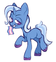 Size: 625x691 | Tagged: safe, artist:onionpwder, trixie, pony, unicorn, g4, bedroom eyes, female, grin, mare, missing cutie mark, mouth hold, pride, pride flag, raised hoof, raised leg, simple background, smiling, solo, trans female, trans trixie, transgender, transgender pride flag, unshorn fetlocks, white background