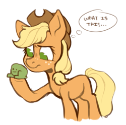 Size: 679x673 | Tagged: safe, artist:onionpwder, applejack, earth pony, pony, g4, applejack's hat, confused, cowboy hat, female, freckles, hat, hoof hold, mare, missing cutie mark, raised hoof, solo, thought bubble