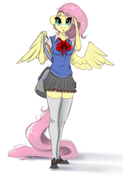 Size: 1415x2048 | Tagged: safe, artist:skitsroom, fluttershy, pegasus, anthro, plantigrade anthro, g4, breasts, clothes, open mouth, ribbon, school uniform, schoolgirl, simple background, skirt, solo, stockings, thigh highs, uniform, white background