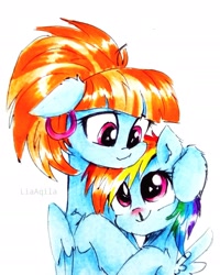 Size: 1947x2429 | Tagged: safe, artist:liaaqila, rainbow dash, windy whistles, pegasus, pony, g4, caring for the sick, cold, cute, dashabetes, female, hug, like mother like daughter, like parent like child, mother and child, mother and daughter, red nosed, sick, simple background, snot, traditional art, white background, windybetes, young, younger