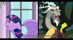 Size: 3031x1671 | Tagged: safe, artist:eveeka, discord, twilight sparkle, alicorn, draconequus, pony, comic:the last adventure, g4, canterlot, crying, everfree forest, eyes closed, feels, female, male, mare, pain, sad, sadness, singing, straight, tears of pain, twilight sparkle (alicorn), wings