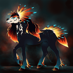 Size: 3000x3000 | Tagged: safe, artist:depixelator, oc, earth pony, pony, beads, black sclera, cloven hooves, colorful, colors, commission, día de los muertos, feather, feathery, flowing mane, food, glowing, glowing eyes, glowing horn, glowing mane, head feathers, high res, horn, long mane, orange, realistic, realistic anatomy, realistic horse legs, simple background, skull, skull face, solo, standing, tail feathers, toy, unshaded
