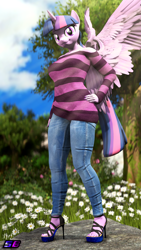 Size: 2160x3840 | Tagged: safe, artist:shadowboltsfm, twilight sparkle, alicorn, anthro, plantigrade anthro, g4, 3d, 4k, breasts, clothes, crepuscular rays, eyelashes, feet, hand on hip, high heels, high res, jeans, looking at you, open-toed shoes, pants, shoes, smiling, solo, source filmmaker, standing, toes, twilight sparkle (alicorn), wings