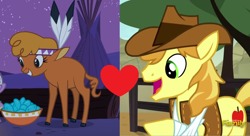 Size: 1272x692 | Tagged: safe, edit, edited screencap, screencap, braeburn, little strongheart, bison, buffalo, earth pony, pony, g4, over a barrel, clothes, female, male, night, ship:braeheart, shipping, shipping domino, stallion, straight, tipi