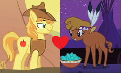 Size: 426x259 | Tagged: safe, edit, edited screencap, screencap, braeburn, little strongheart, bison, buffalo, earth pony, pony, g4, over a barrel, female, male, ship:braeheart, shipping, shipping domino, straight, tipi