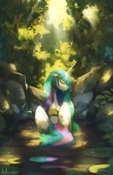 Size: 2650x4096 | Tagged: safe, artist:anticular, princess celestia, alicorn, pony, g4, bathing, crepuscular rays, eyes closed, female, floppy ears, forest, high res, lilypad, mare, scenery, smiling, solo, water, wet, wet mane