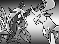 Size: 2048x1536 | Tagged: safe, artist:melspyrose, queen chrysalis, thorax, changedling, changeling, g4, grayscale, grin, king thorax, monochrome, smiling