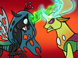 Size: 2048x1536 | Tagged: safe, alternate version, artist:melspyrose, queen chrysalis, thorax, changedling, changeling, g4, angry, glowing horn, gritted teeth, horn, king thorax, magic