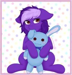 Size: 2250x2345 | Tagged: safe, artist:nekoshanka, oc, oc only, pony, rabbit, adult foal, animal, biting, commission, cute, ear bite, finished commission, high res, male, munching, plushie, purple, red eyes, solo, ych result