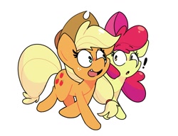 Size: 2643x2032 | Tagged: safe, artist:kindakismet, apple bloom, applejack, earth pony, pony, g4, cute, duo, exclamation point, female, filly, high res, mare, open mouth, siblings, simple background, sisters, smiling, white background