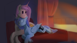 Size: 3840x2160 | Tagged: safe, artist:tenebrisnoctus, princess celestia, princess luna, alicorn, pony, g4, balcony, bed, colored hooves, cuddling, duo, eyes closed, female, folded wings, high res, indoors, looking away, lying down, mare, pink-mane celestia, prone, royal sisters, s1 luna, short mane, siblings, sisters, wings