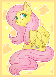Size: 613x845 | Tagged: safe, artist:meow-parties, fluttershy, butterfly, pegasus, pony, g4, colored pupils, cute, female, heart, looking back, mare, shyabetes, sitting, smiling, solo