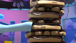 Size: 1366x768 | Tagged: safe, screencap, rainbow dash, pegasus, pony, g4, hello pinkie pie, eclair, food, foodplay, hoof only, hoof touching, jenga, legs, offscreen character, pictures of legs, pushing, the best eclair jenga player