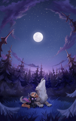 Size: 2156x3450 | Tagged: safe, artist:inowiseei, oc, oc only, oc:clarity heart, changeling, wolf, changeling oc, commission, forest, lying down, moon, night, prone, purple changeling, scenery, smiling
