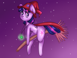 Size: 4000x3000 | Tagged: safe, artist:ranillopa, twilight sparkle, alicorn, pony, g4, broom, cape, clothes, female, flying, flying broomstick, hat, jewelry, necklace, night, solo, twilight sparkle (alicorn), witch hat