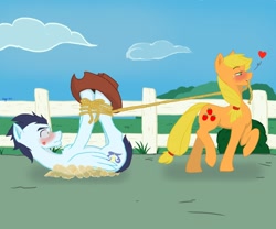 Size: 1200x1000 | Tagged: safe, artist:sipioc, applejack, soarin', earth pony, pegasus, pony, g4, blushing, bondage, dragging, female, fence, floating heart, heart, hogtied, kiss mark, lasso, lipstick, lying down, male, mare, mouth hold, on back, romance, rope, rope bondage, ship:soarinjack, shipping, stallion, straight, this will end in snu snu, tied up