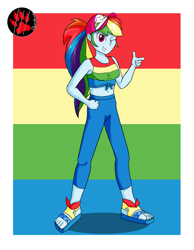 Size: 3500x4500 | Tagged: safe, artist:darkprinceismyname, rainbow dash, equestria girls, g4, spring breakdown, belly button, clothes, cruise outfit, female, one eye closed, pointing, rainbow background, sandals, simple background, sleeveless, solo, tank top, wink
