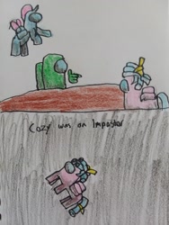 Size: 3264x2448 | Tagged: safe, artist:derek the metagamer, cozy glow, ocellus, changeling, human, pony, g4, among us, comic, flying, green, high res, pointing, punish the villain, relatable, space, spacesuit, table, traditional art, video game