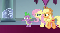 Size: 1920x1080 | Tagged: safe, screencap, applejack, fluttershy, spike, dragon, g4, the ending of the end, throne room, winged spike, wings