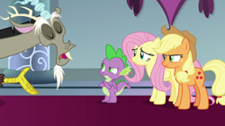 Size: 1920x1080 | Tagged: safe, screencap, applejack, discord, fluttershy, spike, dragon, g4, the ending of the end, winged spike, wings