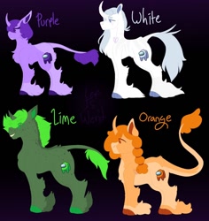 Size: 1280x1356 | Tagged: safe, artist:lepiswerid, oc, oc:lime (among us), oc:orange (among us), oc:purple (among us), oc:white (among us), pony, unicorn, among us, cloven hooves, colored hooves, curved horn, fetlock tuft, horn, leonine tail