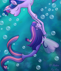 Size: 1600x1861 | Tagged: safe, artist:frozen-fairyfire, edit, sci-twi, twilight sparkle, alicorn, mermaid, pony, seapony (g4), equestria girls, g4, bubble, coral, crepuscular rays, cropped, dorsal fin, eyes closed, fanfic art, female, fin, fin wings, fins, fish tail, flowing mane, flowing tail, glasses off, horn, lesbian, loose hair, mare, mermaid lovers, mermaid sci-twi, mermaidized, ocean, seaponified, seapony twilight, seaweed, ship:sci-twitwi, ship:twitwi, shipping, signature, species swap, sunlight, tail, twilight sparkle (alicorn), twolight, underwater, water, wings