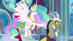 Size: 1920x1080 | Tagged: safe, screencap, discord, princess celestia, g4, the ending of the end, throne, throne room