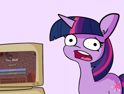 Size: 1984x1500 | Tagged: safe, artist:tjpones edits, edit, twilight sparkle, g4, computer, looking at you, minecraft, open mouth, reaction image, twilight's computer