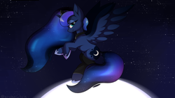 Size: 3840x2160 | Tagged: source needed, safe, artist:luxsimx, princess luna, alicorn, pony, g4, eye clipping through hair, female, flying, high res, looking at you, mare, moon, smiling, smiling at you, solo, space, spread wings, stars, wings