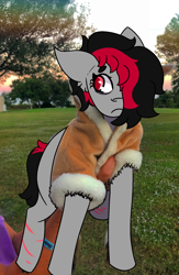 Size: 1300x2000 | Tagged: safe, artist:lazerblues, edit, oc, oc:miss eri, earth pony, pony, black and red mane, clothes, jacket, scar, two toned mane