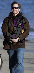 Size: 470x1000 | Tagged: safe, artist:lazerblues, edit, oc, oc:deep rest, dog, earth pony, human, pony, beach, blushing, carrying, clothes, cute, embarrassed, eyes closed, floppy ears, grin, holding a pony, irl, irl human, jacket, jeans, male, ocbetes, pants, photo, smiling, stallion, sunglasses