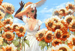 Size: 2280x1560 | Tagged: source needed, safe, artist:mashiro, oc, oc only, oc:bärmey jäçar, anthro, absolute cleavage, breasts, cleavage, commission, female, flower, hat, solo, straw hat, sunflower