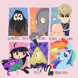 Size: 1080x1080 | Tagged: safe, artist:andreangeljllo, rainbow dash, human, pegasus, pony, g4, bald, beard, bill cipher, bust, crossover, eyelashes, facial hair, female, gravity falls, grin, male, mare, one punch man, samurai jack, six fanarts, smiling, the iron giant