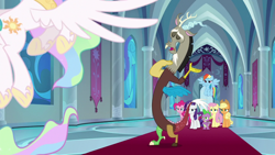 Size: 1280x720 | Tagged: safe, screencap, applejack, discord, fluttershy, pinkie pie, princess celestia, rainbow dash, rarity, spike, dragon, g4, the ending of the end, winged spike, wings