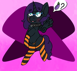 Size: 1078x1000 | Tagged: safe, artist:lazerblues, oc, oc only, oc:mal, alicorn, pony, blushing, choker, clothes, collar, eggplant, floating wings, food, long socks, offspring, panties, parent:oc:nyx, socks, solo, striped socks, underwear, wings