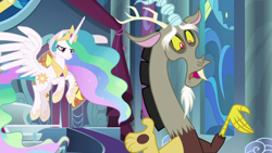 Size: 1920x1080 | Tagged: safe, screencap, discord, princess celestia, alicorn, draconequus, pony, g4, the ending of the end, throne, throne room