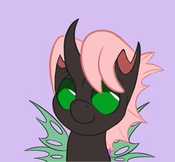 Size: 1300x1200 | Tagged: safe, artist:inkynotebook, part of a set, oc, oc only, changeling queen, pony, bust, changeling queen oc, commission, green changeling, purple background, simple background, smiling, solo, wings, ych result